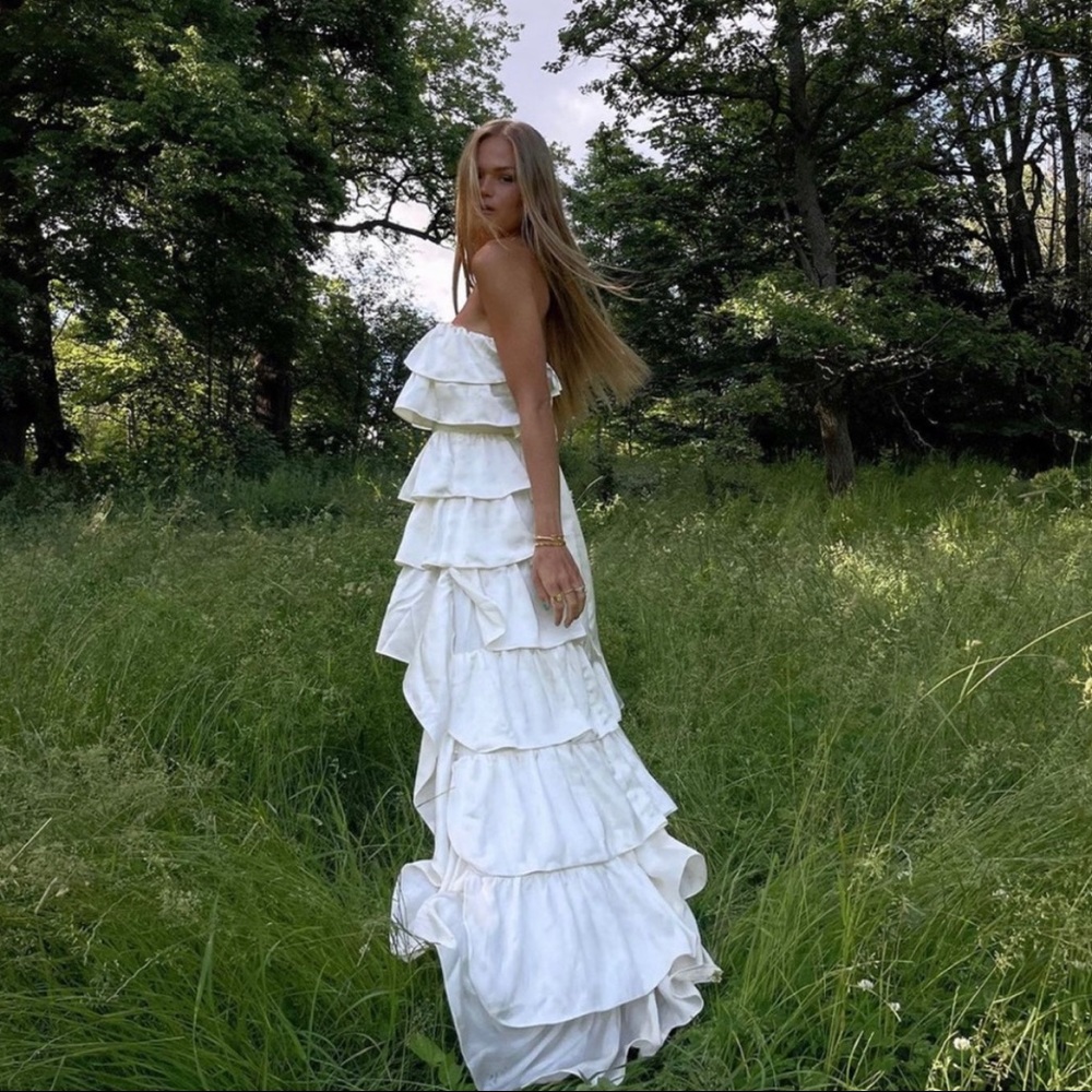 WeWoreWhat Tiered Satin Ruffle High Low Dress